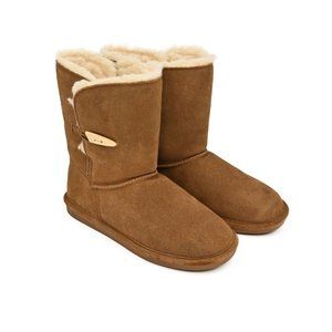 NEW BEARPAW Womens Victorian Mid Calf Boots Tan Suede Wool Sheepskin 681W Sz 10